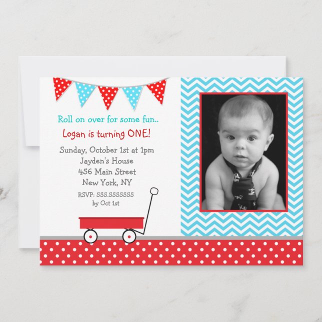 Red Wagon Photo Birthday Party Invitations (Front)
