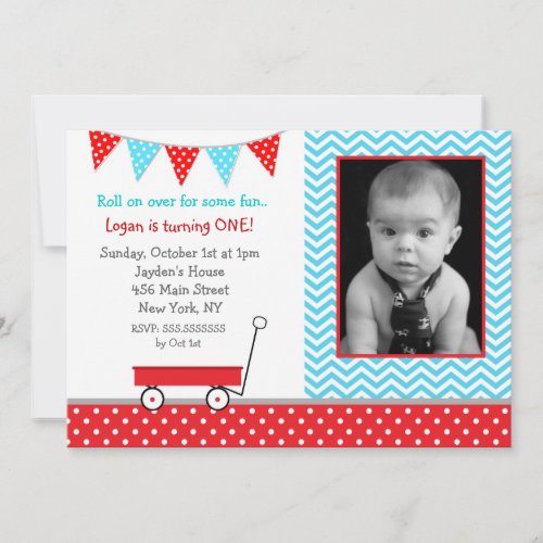 Red Wagon Photo Birthday Party Invitations
