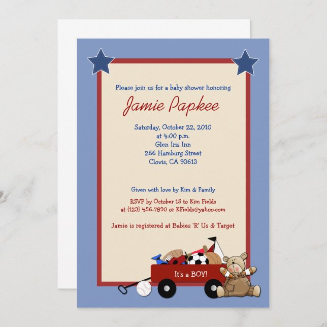 Red Wagon Teddy Bear Sports Boy Baby Shower Invitation (Front/Back)