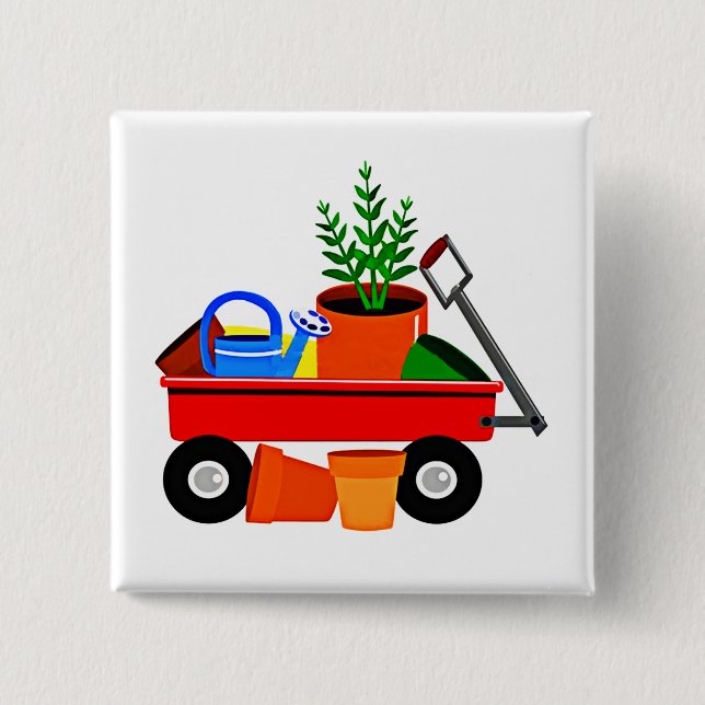 Red Wagon with Plants & Garden Tools Button (Front)