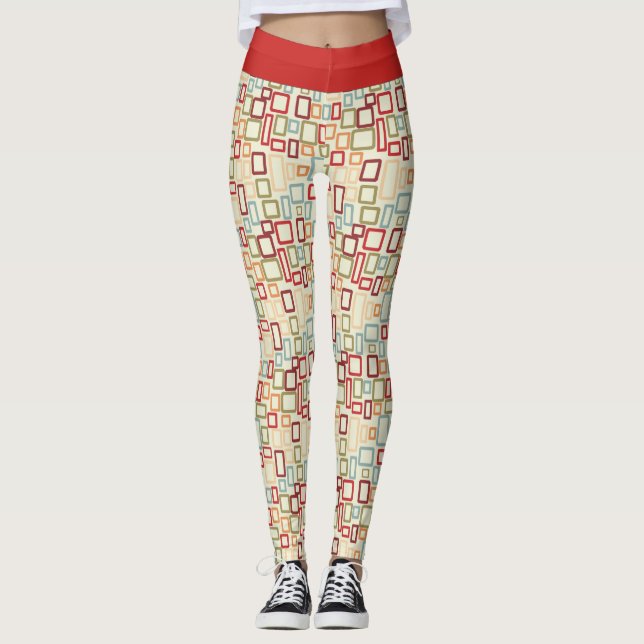 Red Waist Band with Pattern of Squares >Leggings Leggings (Front)