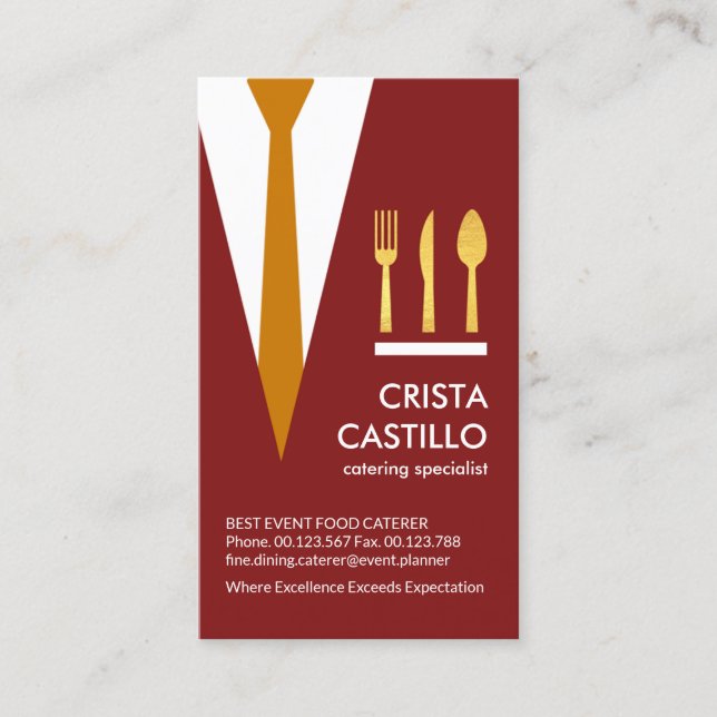 Red Waiter Suit Tie Gold Cutlery Caterer Business Card (Front)