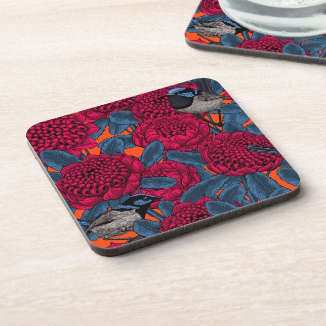 Red waratah and fairy wrens beverage coaster (Left Side)
