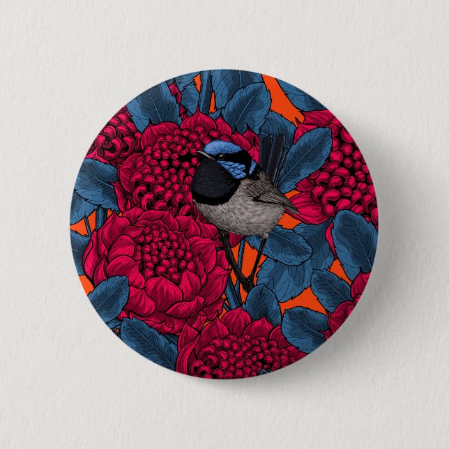 Red waratah and fairy wrens button (Front)