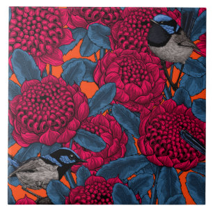 Red waratah and fairy wrens ceramic tile