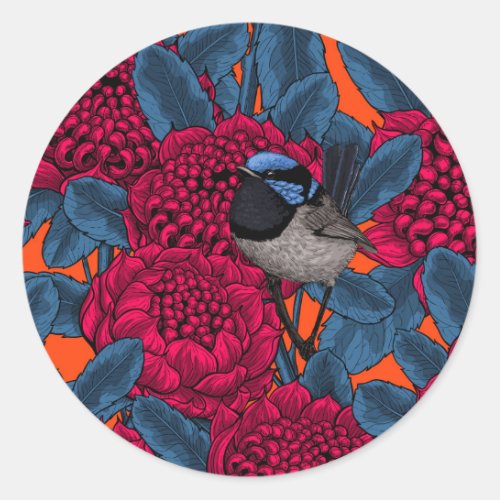 Red waratah and fairy wrens classic round sticker