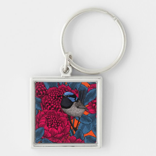 Red waratah and fairy wrens keychain (Front)
