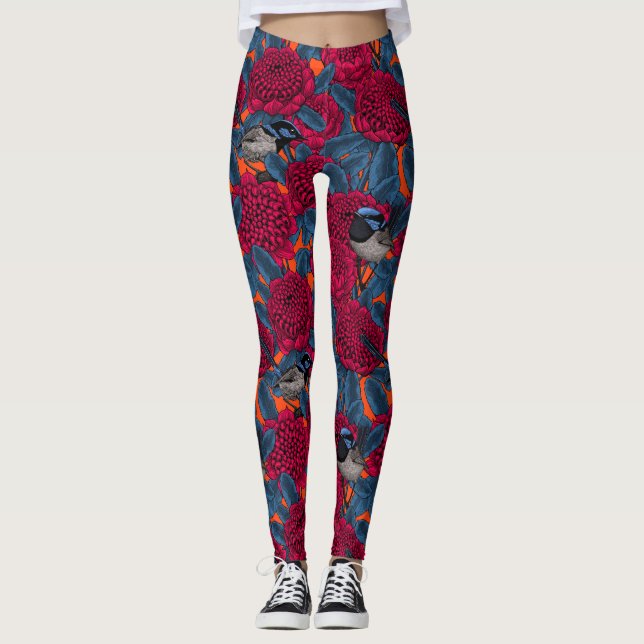 Red waratah and fairy wrens leggings (Front)