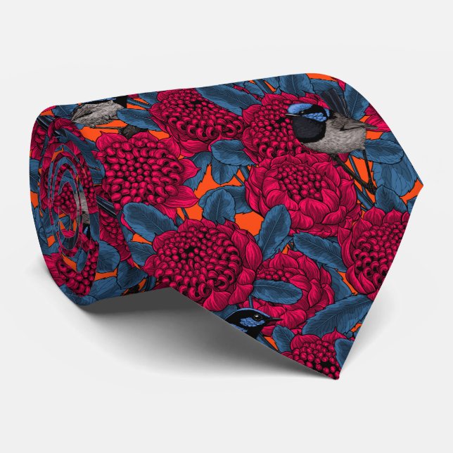 Red waratah and fairy wrens neck tie (Rolled)
