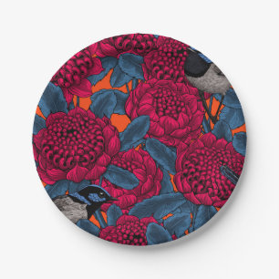 Red waratah and fairy wrens paper plates