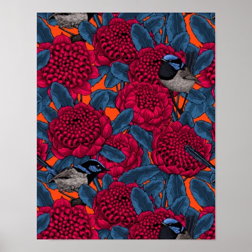 Red waratah and fairy wrens poster