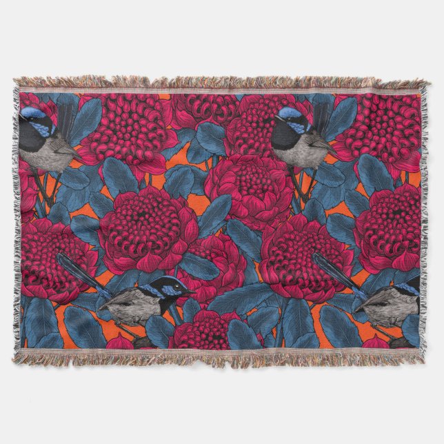 Red waratah and fairy wrens throw blanket (Front)