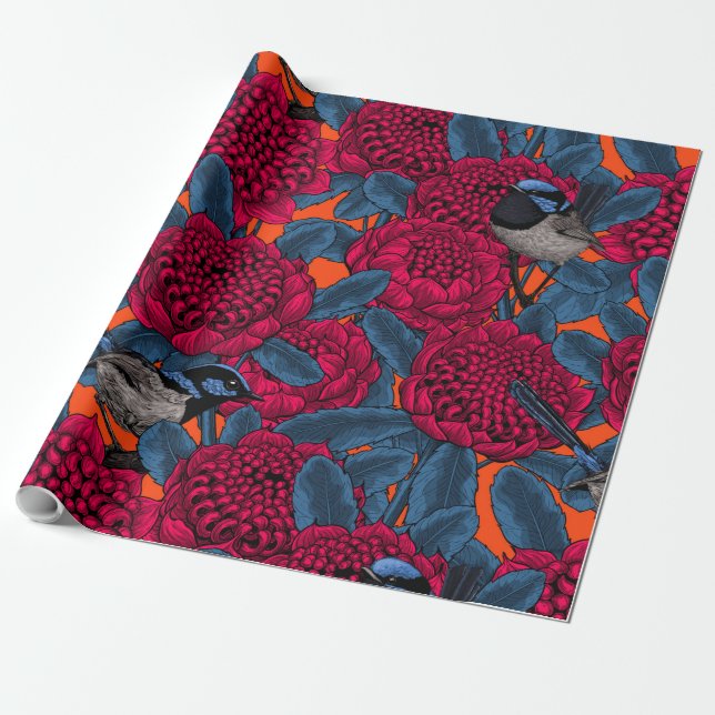 Red waratah and fairy wrens wrapping paper (Unrolled)