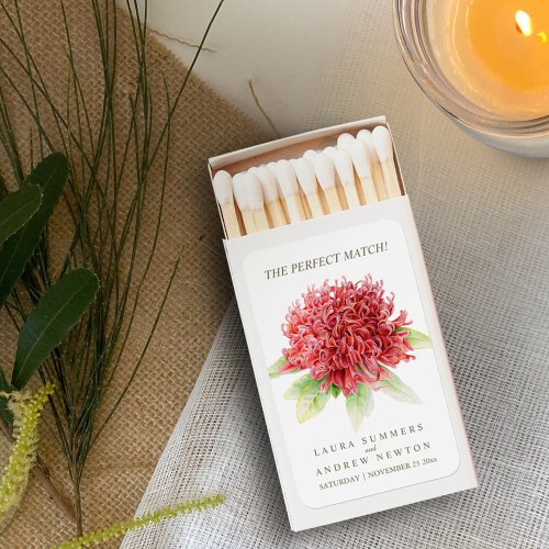 Red waratah botanica wedding custom name matchboxes