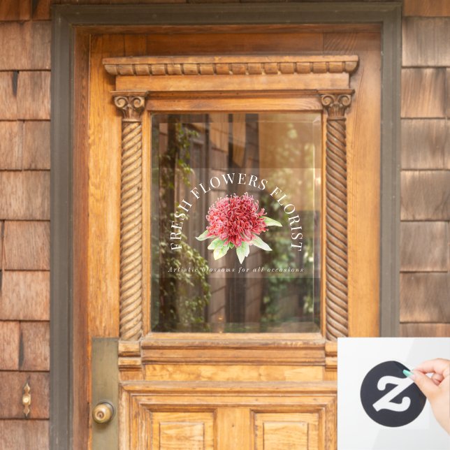Red waratah floral business watercolor window cling (Home Door)