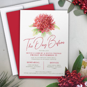 Red waratah floral rehearsal day before wedding invitation