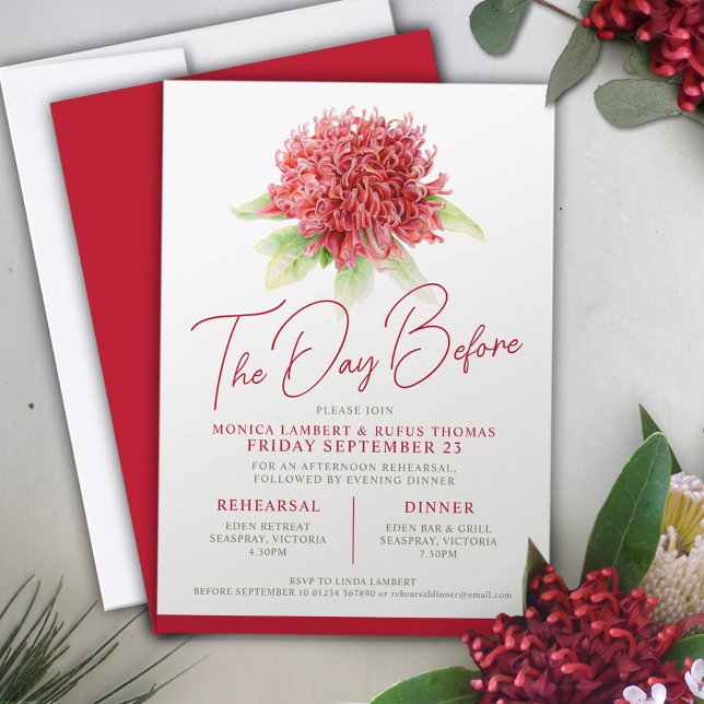 Red waratah floral rehearsal day before wedding invitation (Creator Uploaded)