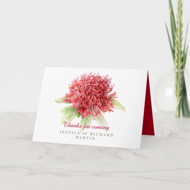 Red waratah flower art wedding thank you cards (Front)