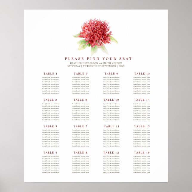 Red waratah flower photos wedding 16 tables poster (Front)