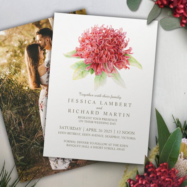 Red waratah flower watercolor wedding photo invitation (Creator Uploaded)