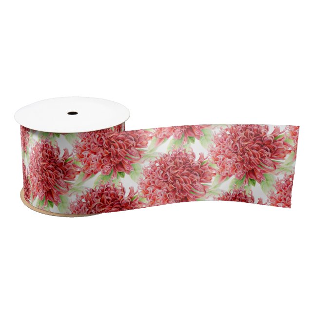 Red waratah green white floral art ribbon (Spool)