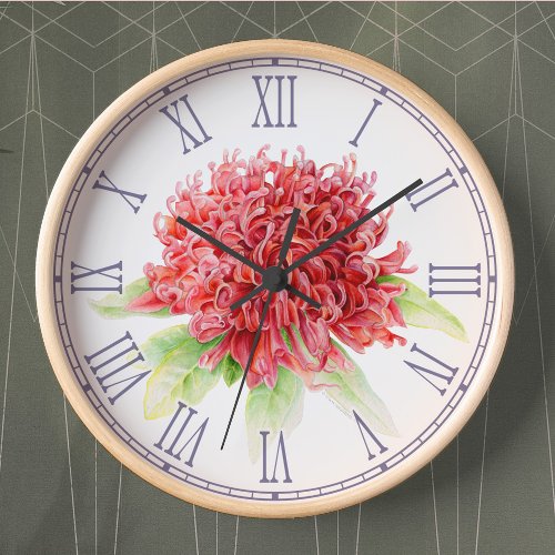 Red waratah watercolor floral wall clock