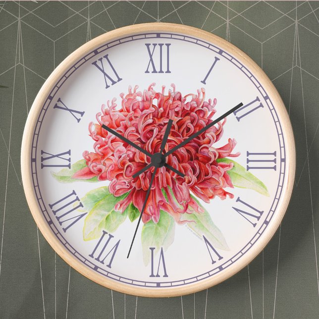 Red waratah watercolor floral wall clock (Creator Uploaded)