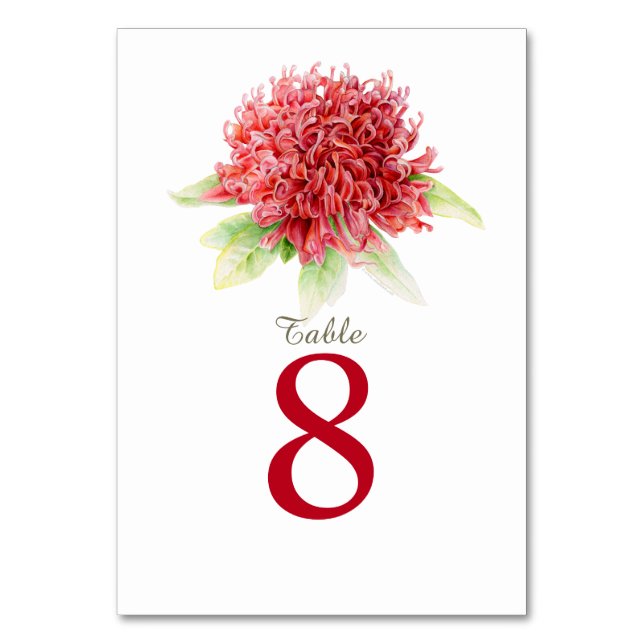 Red waratah watercolor wedding table numbers (Front)