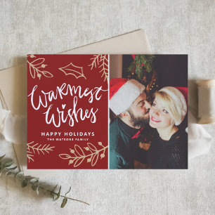 Red Warmest Wishes Modern Calligraphy Photo Holiday Card