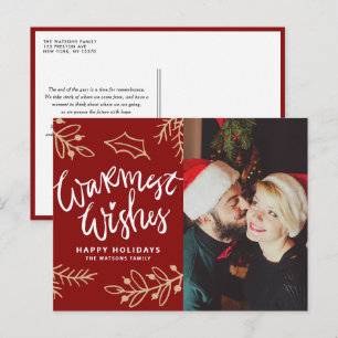 Red Warmest Wishes Modern Calligraphy Photo Holiday Postcard