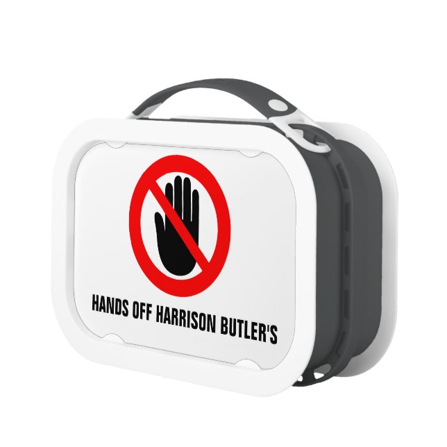 Red warning hands off sign named lunch box (Left)
