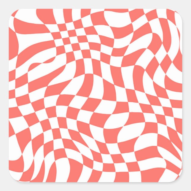 Red Warped Wavy Checkered Art Pattern Square Sticker (Front)