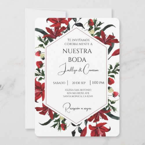 Red water color flower Spanish Wedding Invitation 