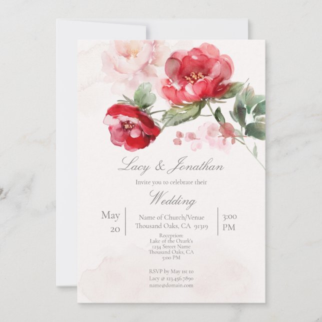 Red water colored flower Wedding Invitation (Front)