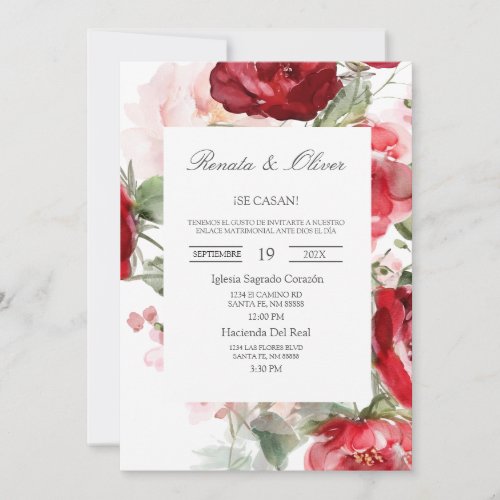 Red water colored rose Spanish Wedding Invitation