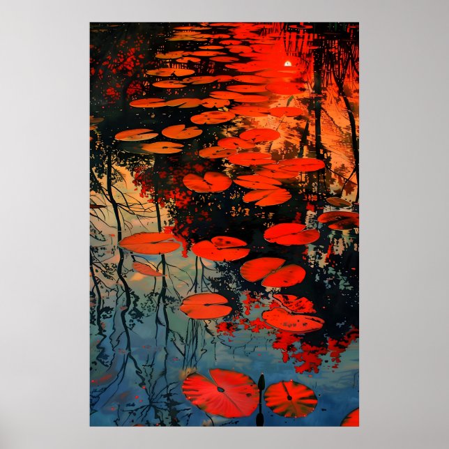Red Water Lilies Pond Art Print Abstract Sunset (Front)