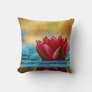 Red Water Lily Reflections on Gold Throw Pillow