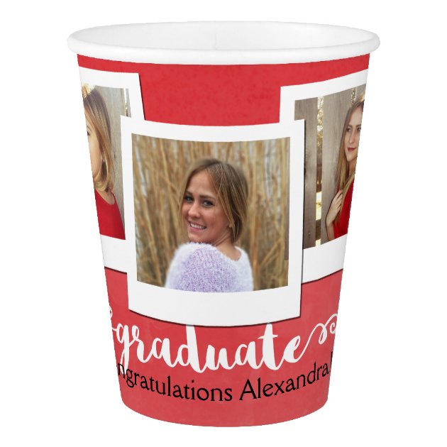 Red Watercolor 3 Photo Graduation Party Paper Cup