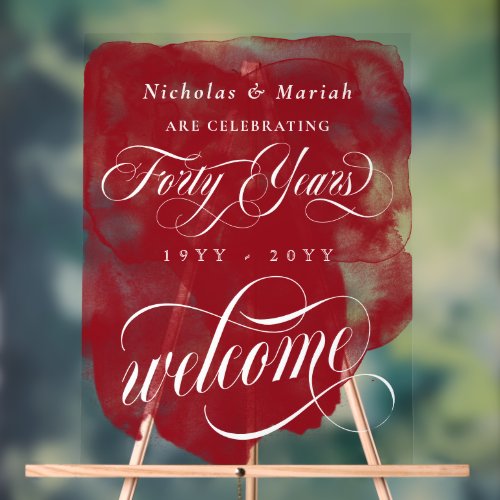 Red Watercolor 40th Wedding Anniversary Welcome Acrylic Sign