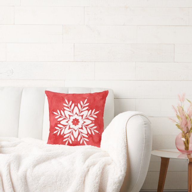 Red Watercolor Abstract Snowflake Throw Pillow (Couch)