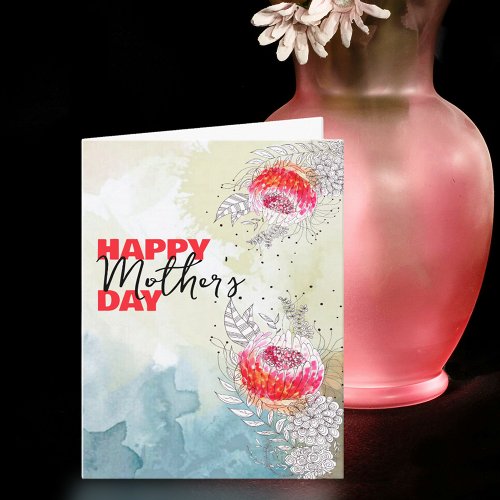 Red Watercolor and Black Ink Florals Mothers Day Card