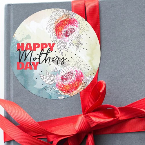 Red Watercolor and Black Ink Florals Mothers Day Classic Round Sticker