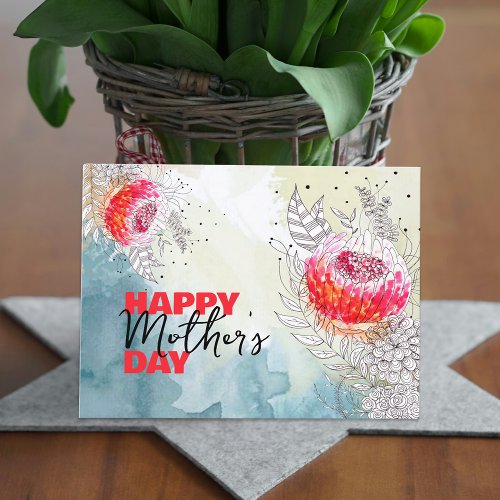 Red Watercolor and Black Ink Florals Mothers Day Postcard