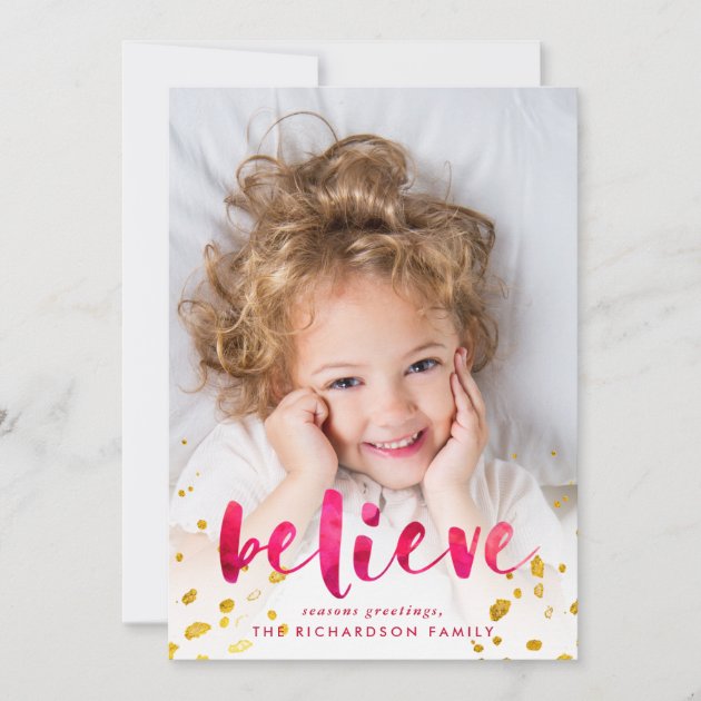 Red Watercolor And Gold Believe | Photo Holiday Card