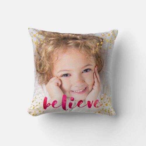 Red Watercolor and Gold Believe  Two Photo Throw Pillow