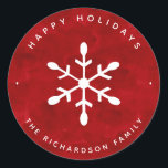 Red Watercolor and White Snowflake | Christmas Classic Round Sticker<br><div class="desc">These trendy and stylish Christmas stickers say "happy holidays" on a deep red watercolor background,  with a festive white snowflake.</div>