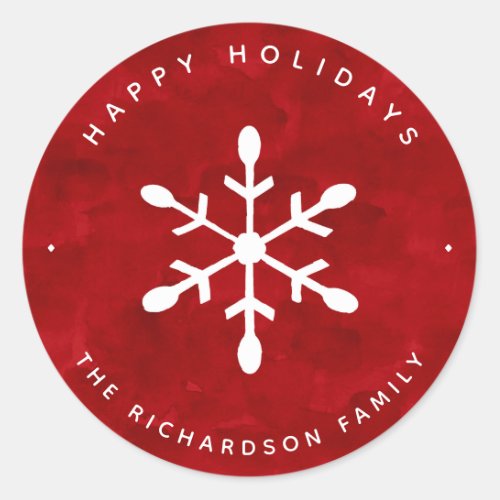 Red Watercolor and White Snowflake  Christmas Classic Round Sticker