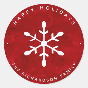 Red Watercolor and White Snowflake Christmas Classic Round Sticker