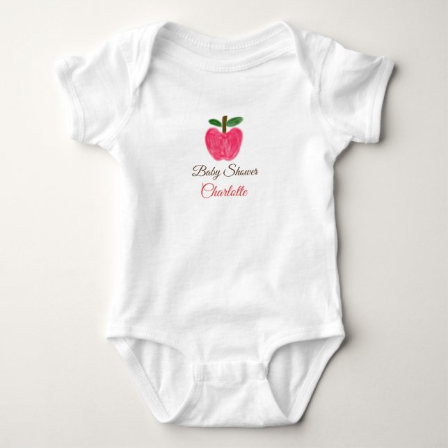 Red Watercolor apple baby shower add name title Bodysuit (Front)