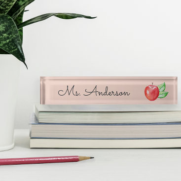 Red Watercolor Apple Personalized Teacher Desk Name Plate